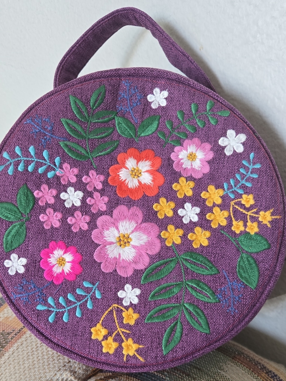 Embroidered Purple Floral Round Handbag-handmade